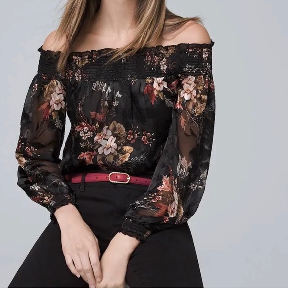 NWT WHBM Off Shoulder Smocked Black with Fire Quartz Floral Burnout Blouse - Picture 3 of 8
